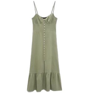 ZARA Sage Light Khaki Button Down Pleated Bust Midi Linen Dress S